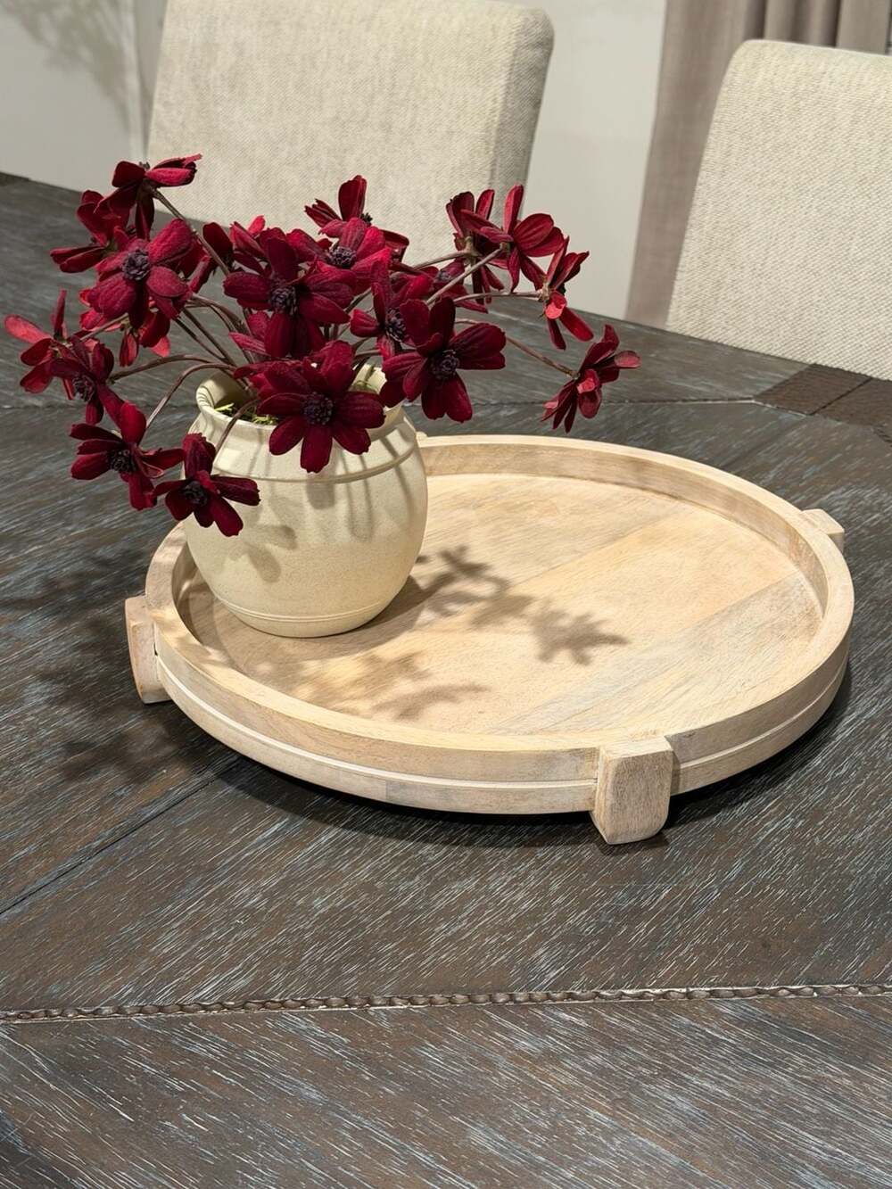 Everyday Decor White Washed Round Decorative Wood Footed Tray